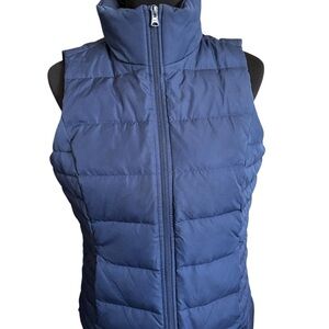 Lands' End Women's Down Puffer Vest Navy Blue S (6-8) High Neck Zip Front